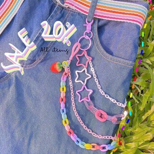 Japan Korean Girls Pants Chain Keychain Fashion Hip hop Street Jewelry Women Trendy Punk Colorful Star Strawberry Trousers Chain