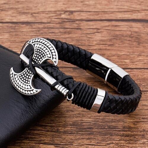 Jewelry Accessories Charm Genuine Leather Black Bracelet Men Rock Punk Stainless Steel Bracelets Black Rope Fashion Wristband