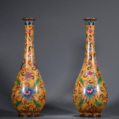 10"Chinese temple collection Old purple Bronze Cloisonne Enamel Tangled lotus pattern Clean bottle vase A pair Ornaments