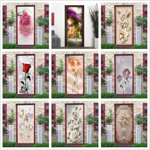 2pcs/set Flower Door Sticker DIY Adhesive Waterproof Wallpaper PVC Poster Scenery Wall Mural Decal Kitchen Livingroom Home Decor