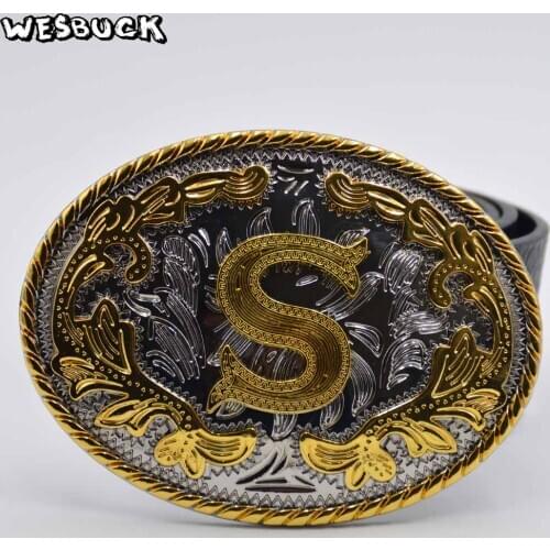 5 PCS MOQ WesBuck Brand New Oval 3D Lace Gold S Initial Letter Cowboy Belt Buckle With Metal Fashion Mens PU Leather Belt