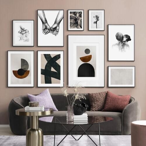 Abstract Geometry Black White Hand in Hand Kiss Retro Canvas Painting Wall Art Poster Print Picture Home Living Room Decoration