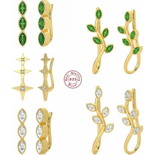 BOAKO 925 Sterling Silver Green Leaf Branch Stud Earrings Clear Oval Zircon Star Ear Stud Ear Climber Wedding Jewelry Women Gift