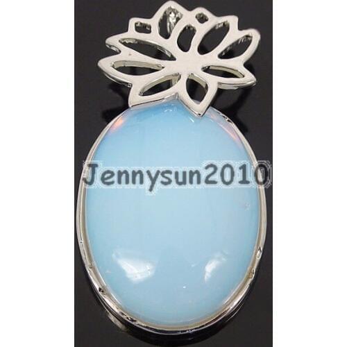 Natural White Opatite Gems Stone Reiki Chakra Healing Pendant Charm Beads Oval Stainless Steel 10Pcs/Pack