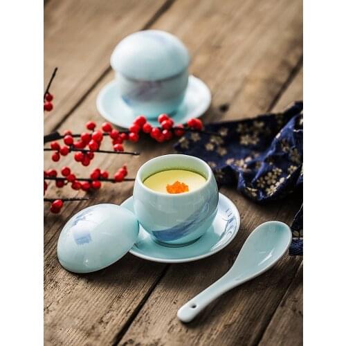 Japanese Style three-piece steamed egg bowl ceramic bowl with lid home soup bowls set enamel bowl dishes Spoon CN(Origin)