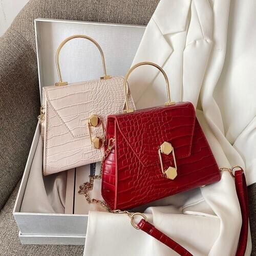 Stone Pattern PU Leather WomenS Shoulder Messenger Handbags Thin Gold Chain with Belt Ladies Top-Handle Bag Solid Color Purse