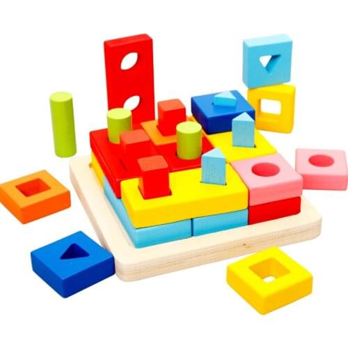 Kids Montessori Wooden Blocks Building Geometric Shape Colour Cognitive Matching Board for Toddler Early Education Learning Gift