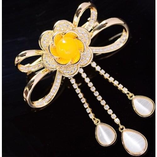 Ethnic Style Elegant Bow Brooch Tassel Brooches Inlaid Zircon Pin Concentric Knot Brooch Female Accessories Luxury Jewelry