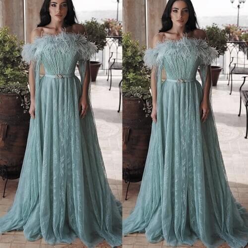 SuperKimJo Abendkleider Lace Prom Dresses Dubai Caftan Feather Off the Shoulder Applique Elegant Cheap Prom Gown Robe De Soiree