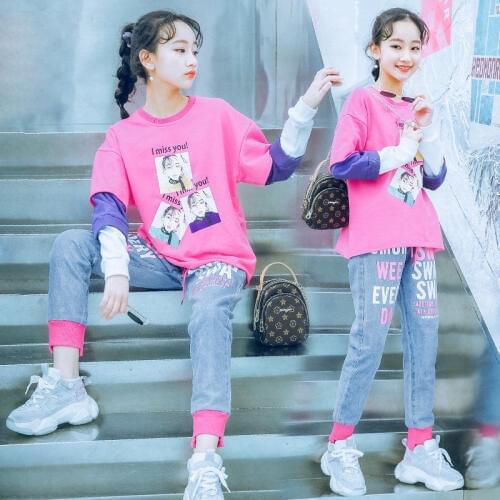 Cute Cartoon Kids Popular Teen Girls Clothing Casual Styles 2 Piece Fashion Girls Cartoon T-shirt + Jeans Pants Outfit Sets