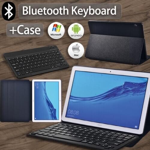 Leather Stand Cover Case for Huawei MediaPad T5 10 10.1inch Anti-fall Black Shockproof Tablet Case + Bluetooth Keyboard