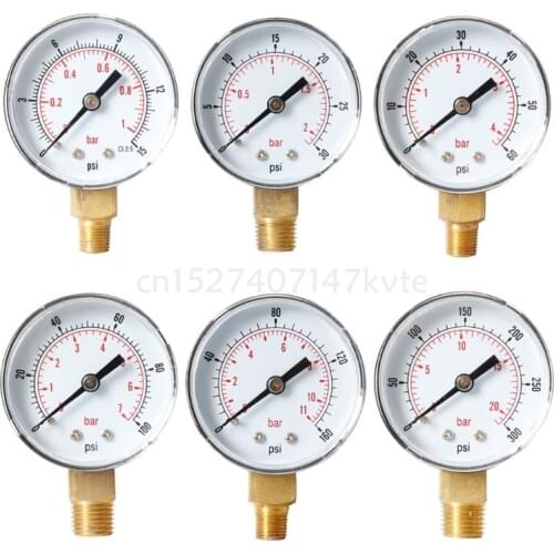 Pressure Gauge 52mm Dial 1/8" BSPT Vertical 0/15,30,60,100,160,300 PSI & Bar Bottom Mount