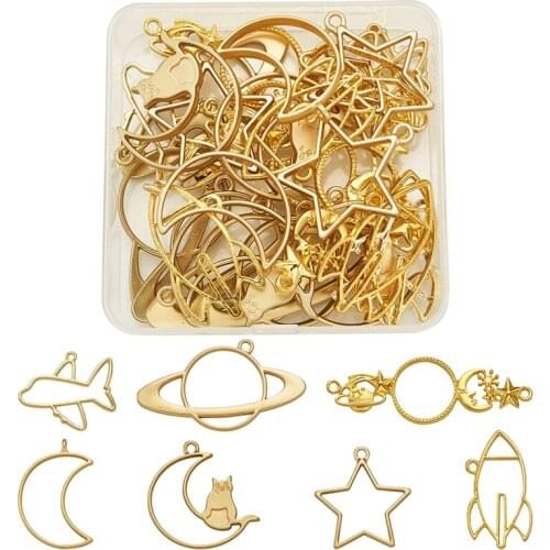 Pandahall 1 Box 35pcs Mix Shapes Universe Theme Matte Style Rack Plating Alloy Open Back Bezel Pendants For DIY UV Resin Making