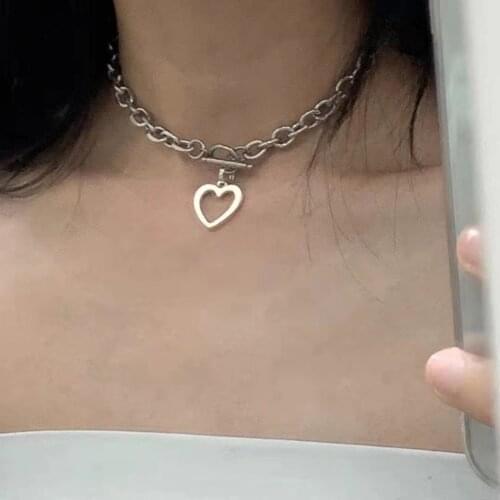 Punk Hollow Heart Love Pendant Necklace New Gold Silver Color Metal Thick Chain Ot Buckle Hip Hop Choker Necklace Female Jewelry