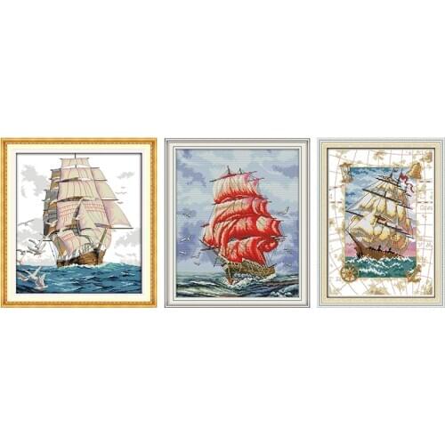 Joy Sunday Sailing Series DIY 14CT Counted Cross Stitch Kits Patterns Printed Chinese Needlework Embroidery Sets for Decorations