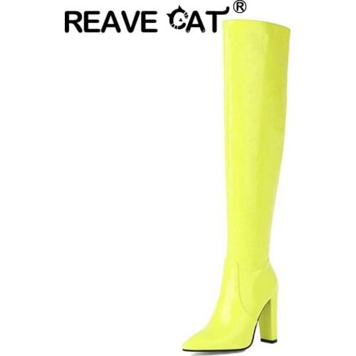 REAVE CAT 2021 Over The Knee Boots Sexy Candy Color Zip Pointed Toe Party Short Plush Block Heel Black Blue Green Yellow A4498