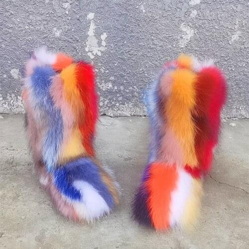 OLOMLB Womens Real Mink Fur Furry Rainbow Colors Mid Calf Boots Low Heel Snow Warm Winter Shoes Custom Made Colors Size 34-44