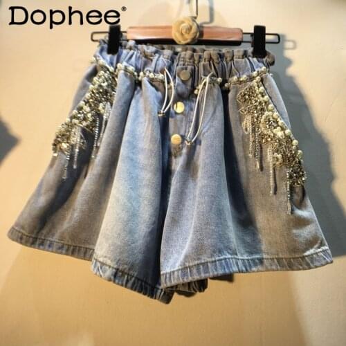 StreetWear Heavy Work Tassel Bead Diamond High Waisted Denim Shorts Women 2021 Summer New Wear Wide Leg Shorts Female Hot Pants