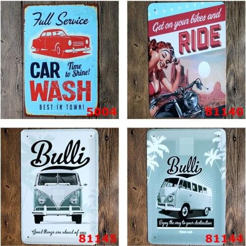 Vintage Metal Signs of Full Service Car Wash Time To Shine Best In Town Bulli Bus Ride Motorcycle Popular Garage Wall Decorative