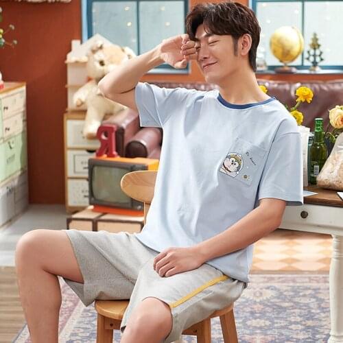 Funny Japanese Anime Doraemon Little Logo Pocket Men Sleepwear Summer Pajamas Sets For Male Leisure Cotton Short Sleeve Homewear