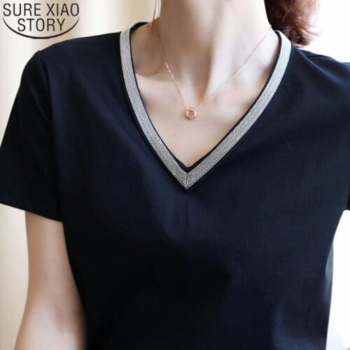 Cotton T-shirt Womens 2021 Summer Korean V-neck Short Sleeve White Black Tees Women Summer Tops Tshirt Slim Bottomed Tops 14800