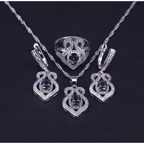 Egg Square Rainbow Cubic Zircon Silver Color Earring Necklace Ring Set For Women For Birthday/Party/Wedding/Anniversary