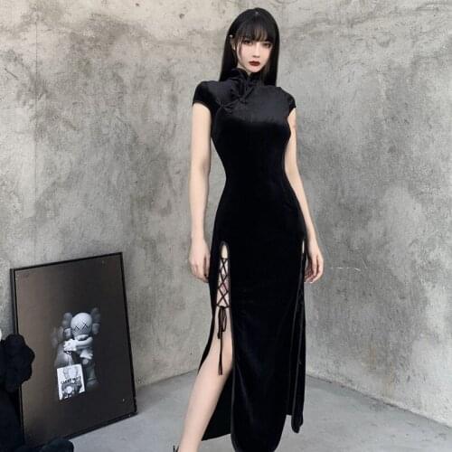 Women Chinese Improved Qipao Dress Retro Plus Size 3XL Stand Collar Long Black Dress High Split Lace Up Sexy Dark Velvet Dress