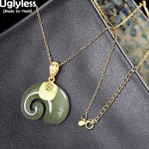 Uglyless LOVE Animals Never Forget Elephants Necklaces for Women Natural Jade Elephants Pendants +Chain 925 Silver Gifts Jewelry