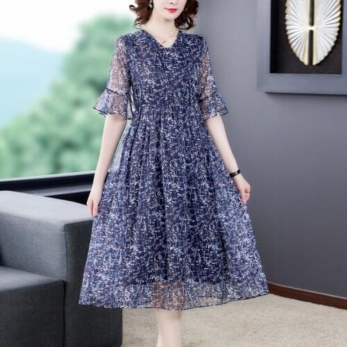Summer Vintage Print Mulberry Silk Midi Dress 2021 Casual Blue Chiffon 3XL Plus Size Dress Women Elegant Bodycon Party Vestidos