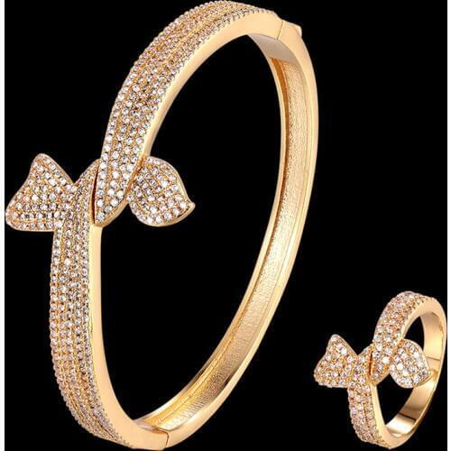 Zlxgirl Big Brand luxury brand micro pave setting zircon loves bow bangle with ring set classic bracelet women bridal jewelry