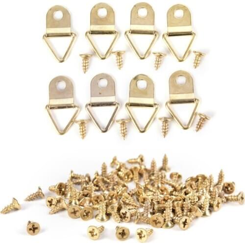 100pcs/Set Universal Strong Golden D Rings Decor Picture Frames Hanger Hooks Hanging Triangle With 100pcs Screws Helper