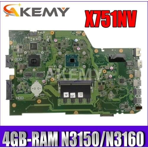 Akemy X751NV original mainboard for ASUS X751N Laptop motherboard X751NV mainboard with 4GB-RAM N3150 / N3160