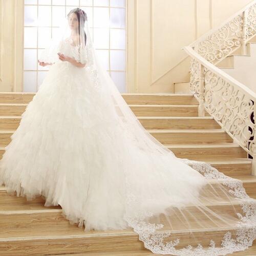 White Ivory Long Cathedral veil Full Edge Lace Wedding Veil One Layer Bridal Veil with Comb Veu de Noiva Wedding Accessories