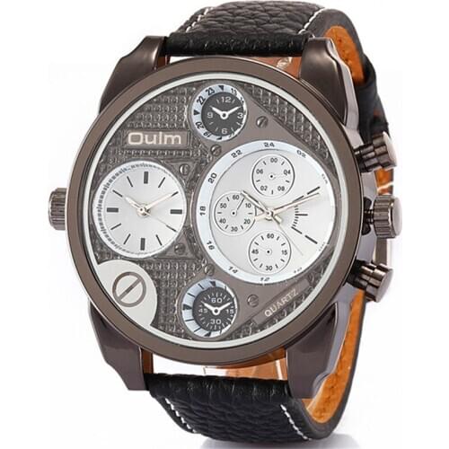 Brand Oulm Mens Fashion Sports Style Watches Leather band Big Face Dual Time Casual Japan Quartz Watch Reloj Hombre Grande Marca