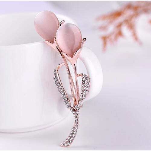 LUBOV Elegant Tulip Flower Brooch Pin opal stone Crystal Costume Jewelry Clothes Accessories Jewelry Brooches For Wedding