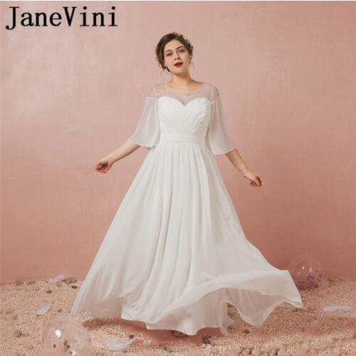 JaneVini 2018 Graceful White Long Evening Dresses A Line Sheer Scoop Neck Beads Sequins Chiffon Mother of Bride Dress Plus Size
