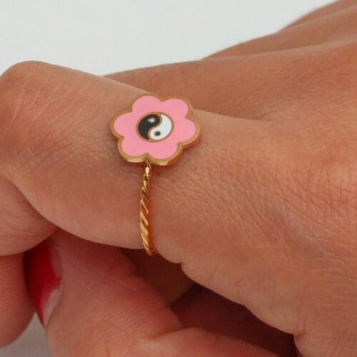 2021 Cute Lovely Pink Yingyang CZ Stone Mushroom Flower Enamel Ring Stainless Steel Gold Plated Adjustable Rings For Women