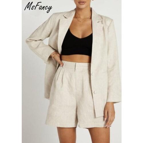 Msfancy Summer Shorts Sets Women Cotton Long Sleeve Blazer High Waist Shorts 2021 Female Casual 2 Piece Sets