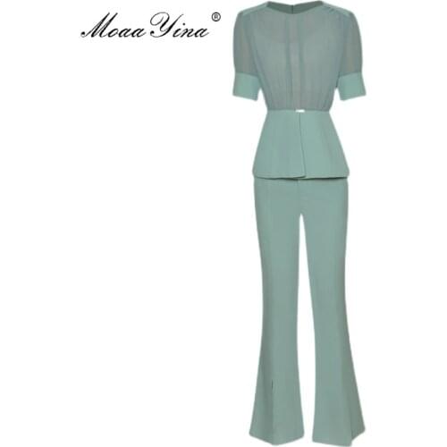 MoaaYina New 2021 Designer Summer Fashion Solid Two Pieces Pants Set Womens Short sleeve Slim Tops and Wide leg pants suit