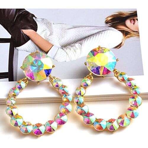 Trendy Statement Fashion Jewelry Geometric Glass Rhinestones Bridal Big Round Earrings for Women Crystal Brincos