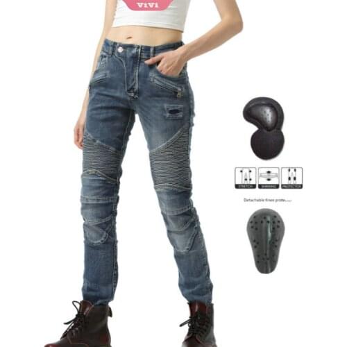 Fashion Womens Cycling Retro Motorcycle Pants Fall-resistant Jeans with Knee Pad Tools