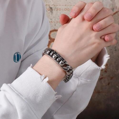 Fashion 316L Stainless Steel Highly Polished Mens Bracelet Skull Head Woven O-Chain Jewelry Accessories