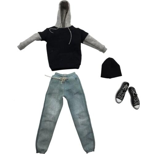 1/6 Scale Mens Clothes Black Gray Hoodie Denim Jeans Canvas Shoes Set for //Enterbay/ Male Figure Body