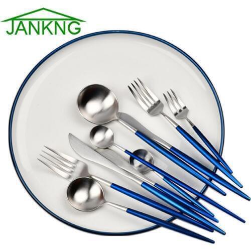 JANKNG 1-Piece Dinnerware Set Blue Silve Cutlery Set Matte Gold Knife Fork Tableware 18/10 Stainless Steel Western Cutlery Set