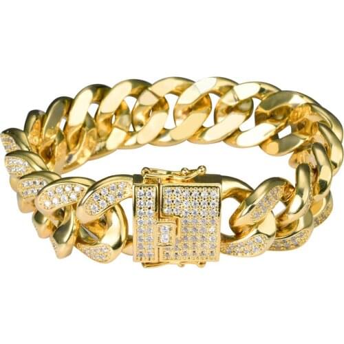 New Fashion Hip Hop Jewelry 8inch 18mm Fashion Micro Pave Cubic Zirconia Stone All Iced Out Cuban Chain Gold Bracelet for Gifts