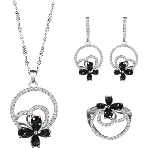 ROLILASON For women Butterfly Flower Design 925 Silver Colorful red Zircon Earrings Necklace Rings Jewelry Sets JS828