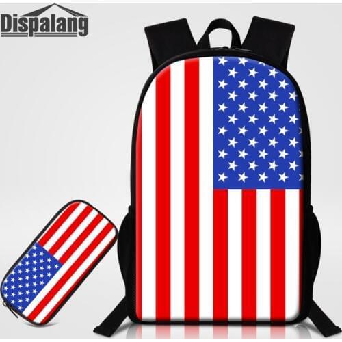 American Flag 2 PCS Backpack Pen Box Bags Set Custom Design Schoolbag Pencil Case 16 Inch Large Student Bookbag Children Bagpack