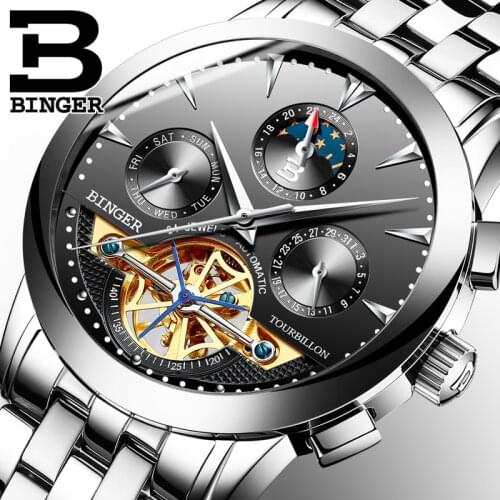Genuine Luxury Switzerland BINGER Brand Men Self-wind waterproof full steel automatic mechanical male fashion Tourbillon watch