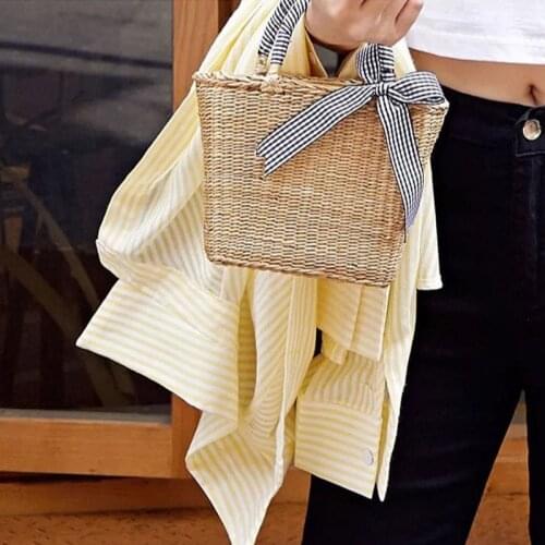Straw Bag Female 2021 Simple Shoulder Handbag Checkered Bow Crossbody Bag Komori Women Small Fresh Woven Bag