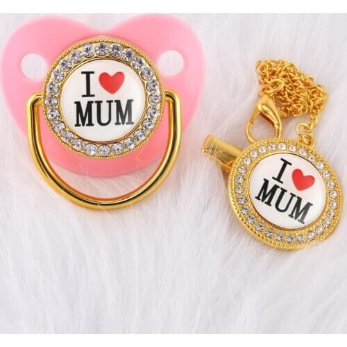 Luxury Pink Baby Pacifier With DIY Chain Clip I Love Mum Unique Rhinestones 0-18 Months Baby Dummy Soother